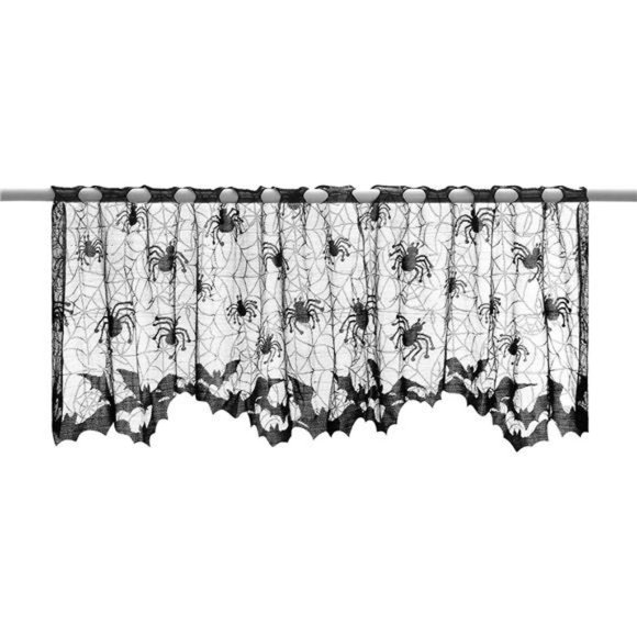 Halloween Lace Window Curtain Spider Web Bats Door Curtain Halloween Decor - Picture 1 of 6